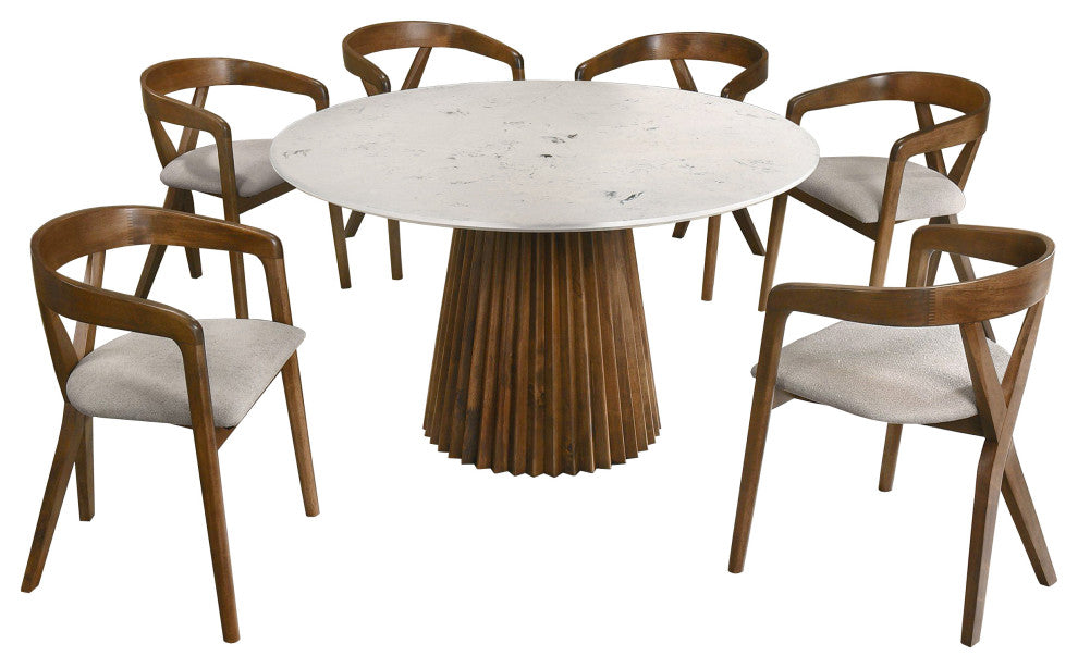 Modrest Nancy, Weiss Mid-Century Modern Marble, Walnut Dining Table Set