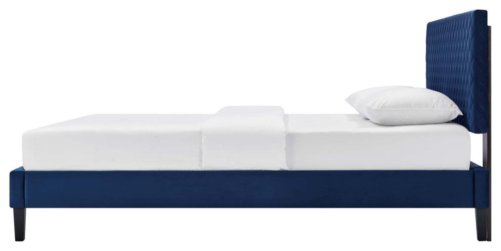 Platform Bed Frame, King Size, Blue Navy, Velvet, Modern, Bedroom Guest Suite