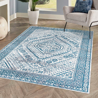 Boho Cottage Medallion Runner Rug, Blue/White, 5'x8'