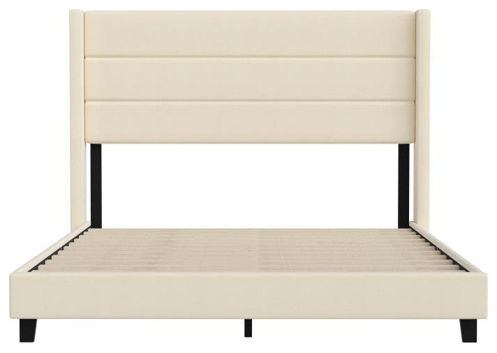Hollis Upholstered Platform Bed with Wingback Headboard w/Mattress Foundation, Beige, Queen