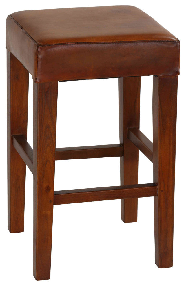 Bare Decor Sally Genuine Leather and Teak Wood Square Counter Stool, 26"