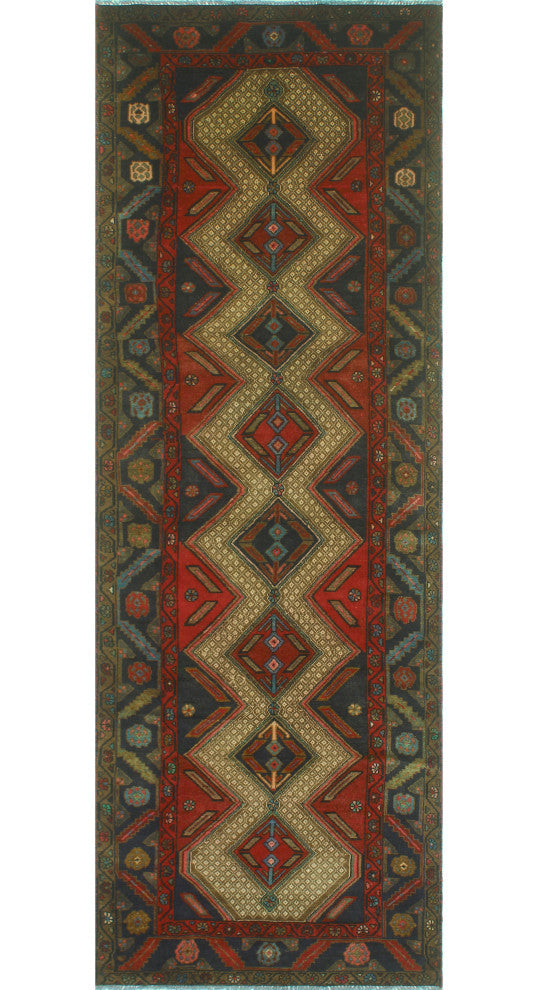 Fine Vintage Distressed Kamil Navy/Red Runner, 3'4x9'7