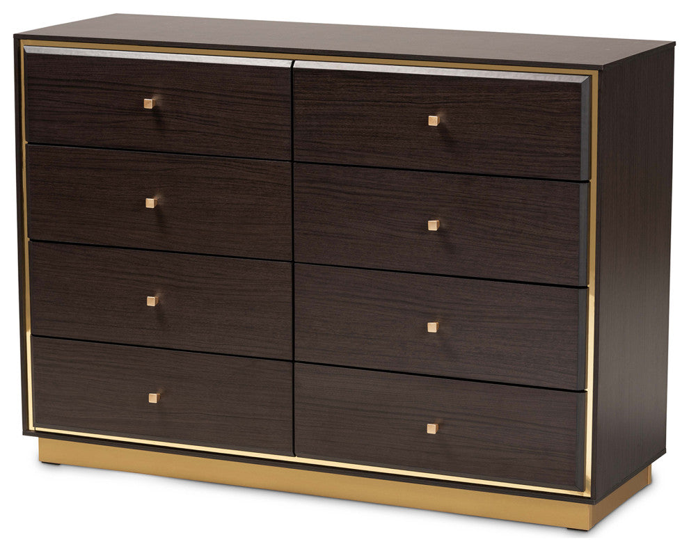 Warner Modern Espresso Brown Finished Wood and Gold Metal 8-Drawer Dresser