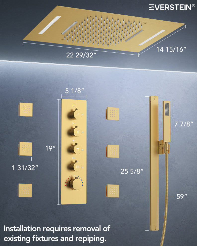 LED Thermostatic Shower System Rain Shower Head With 6 Body Jets, Brushed Gold, 23"x15", Slide Bar