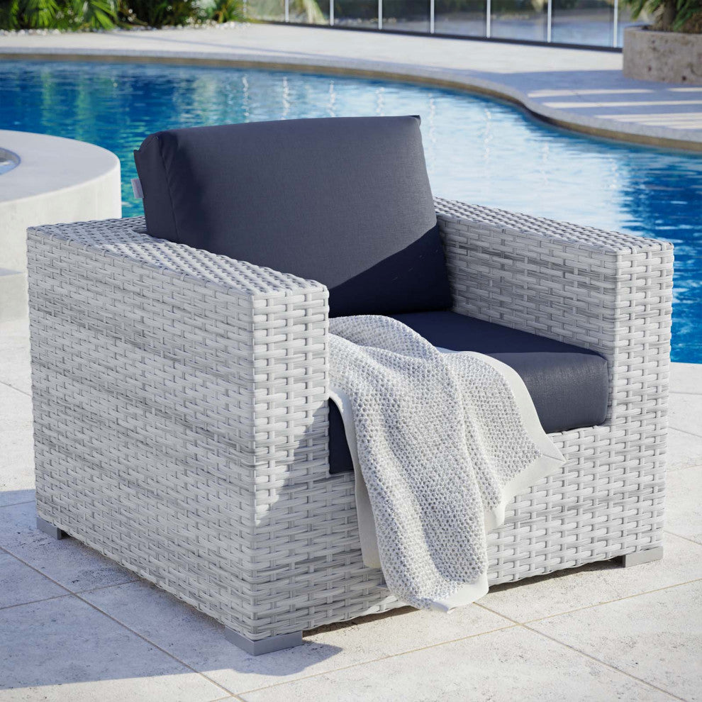 Lounge Chair Armchair, Rattan, Wicker, Gray Blue Navy, Modern, Outdoor