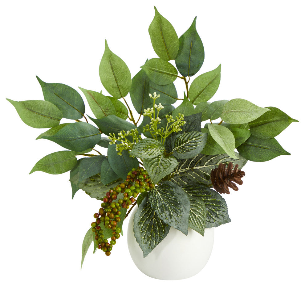 13" Mixed Greens Artificial Plant, White Planter