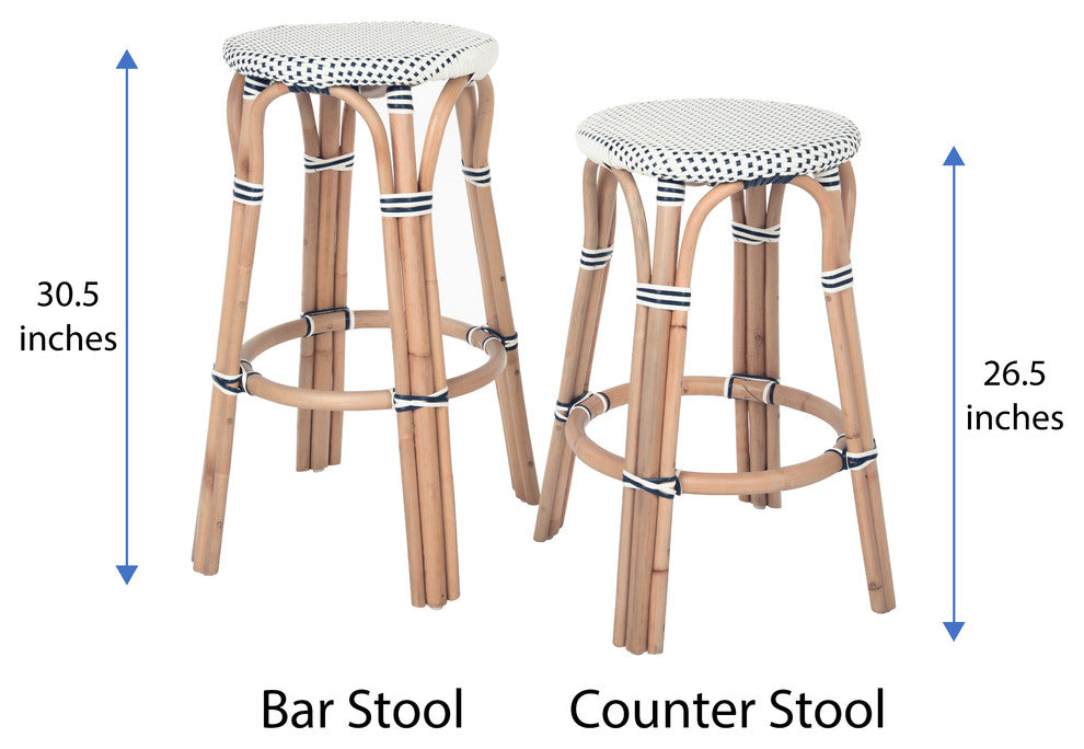 Bistro Backless Rattan Stool, White and Blue, Counter Stool