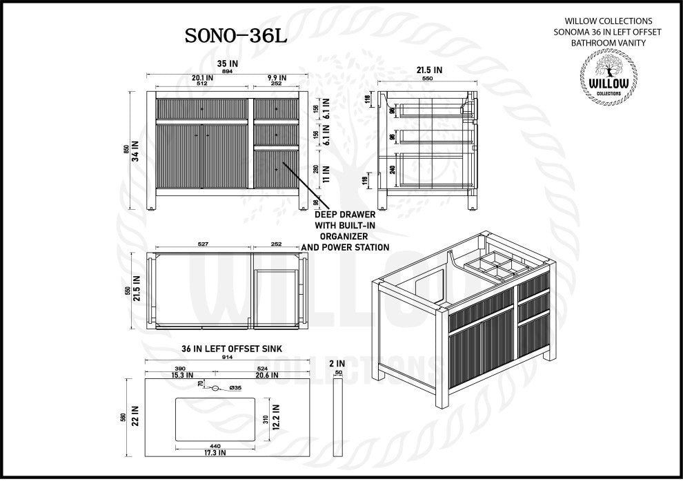 Sonoma 36 Left Offset Reeded  Bath Vanity in White 2" Carrara Quartz
