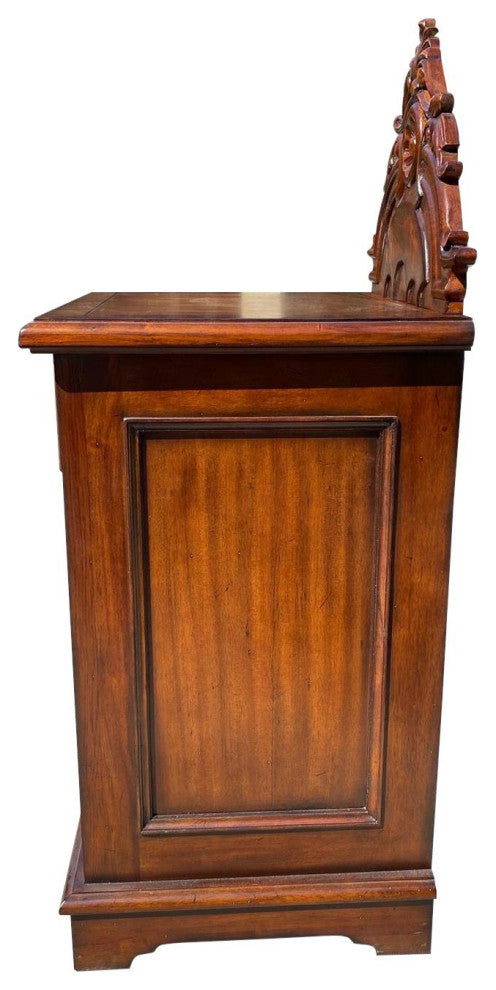 Victorian Nightstand Carved Mahogany, Burl Inlay Wood, 1-Door 1-Drawer