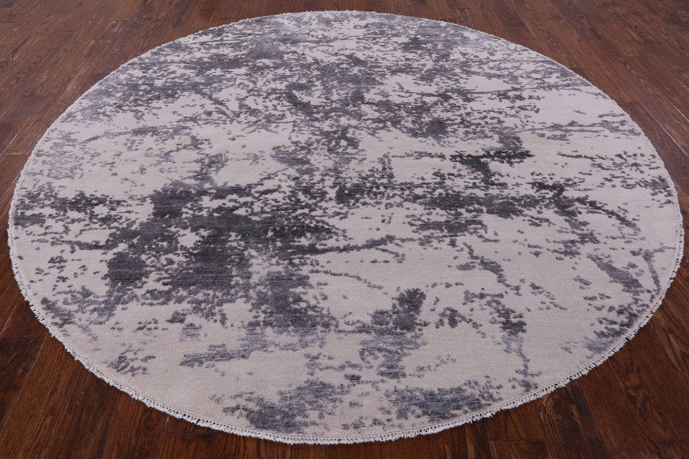 8' Round Abstract Wool and Silk Hand Knotted Rug Q6505