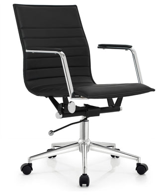 Modern Office Arm Chair With Wheels  Mid Back Ribbed PU Leather Adjustable, Black