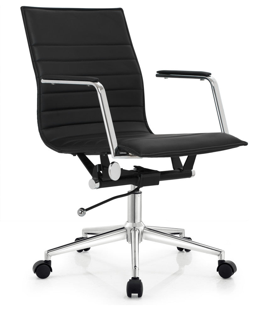 Modern Office Arm Chair With Wheels  Mid Back Ribbed PU Leather Adjustable, Black