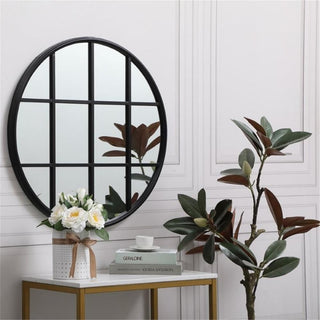 Elegant Decor Motif 28" Round Mid Century Metal Windowpane Frame Mirror in Black