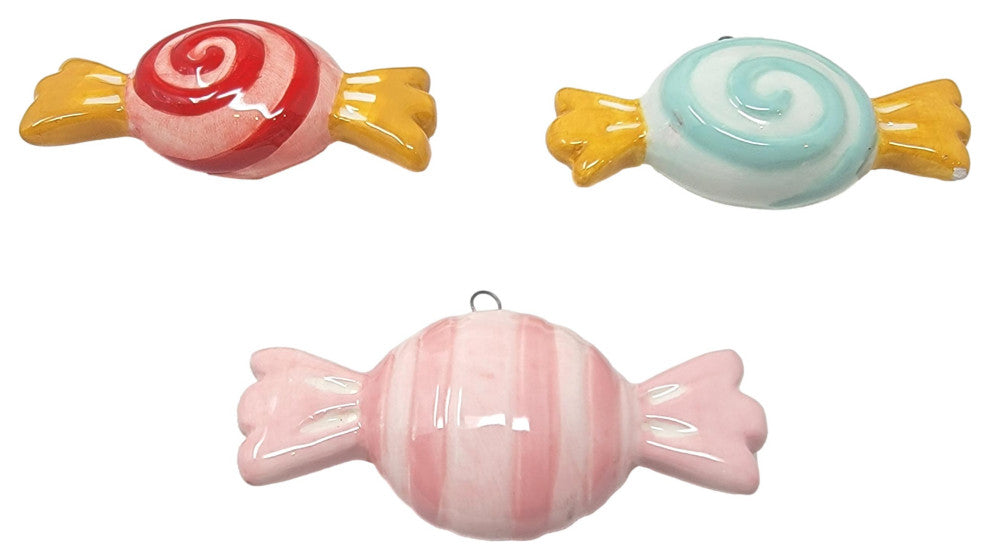 Set of 3 Striped Ceramic Candy Ornaments Bonbon Old Fashioned Vintage Style, Red Swirl/Blue/Pink