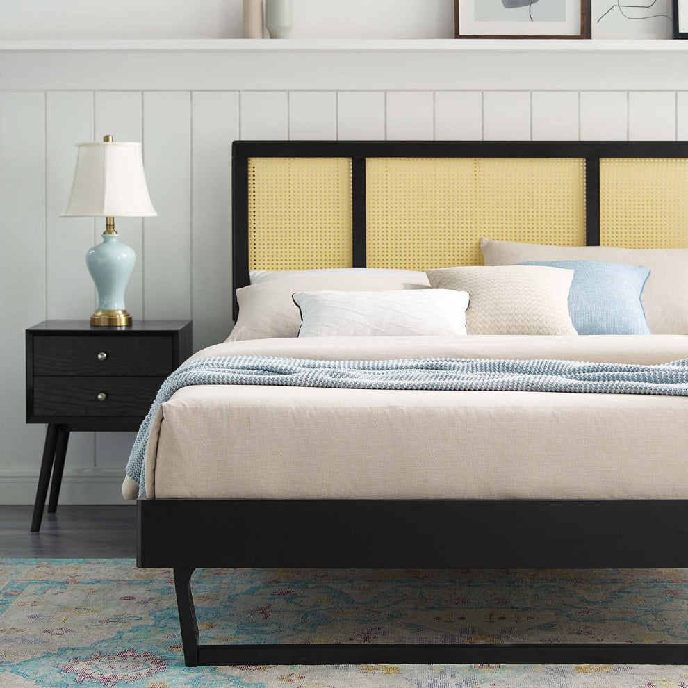 Kelsea Cane and Wood King Platform Bed With Angular Legs Black