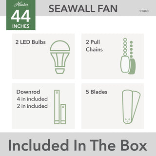 Hunter Seawall Wet Rated Ceiling Fan, LED Light Kit, Pull Chain, Matte Silver