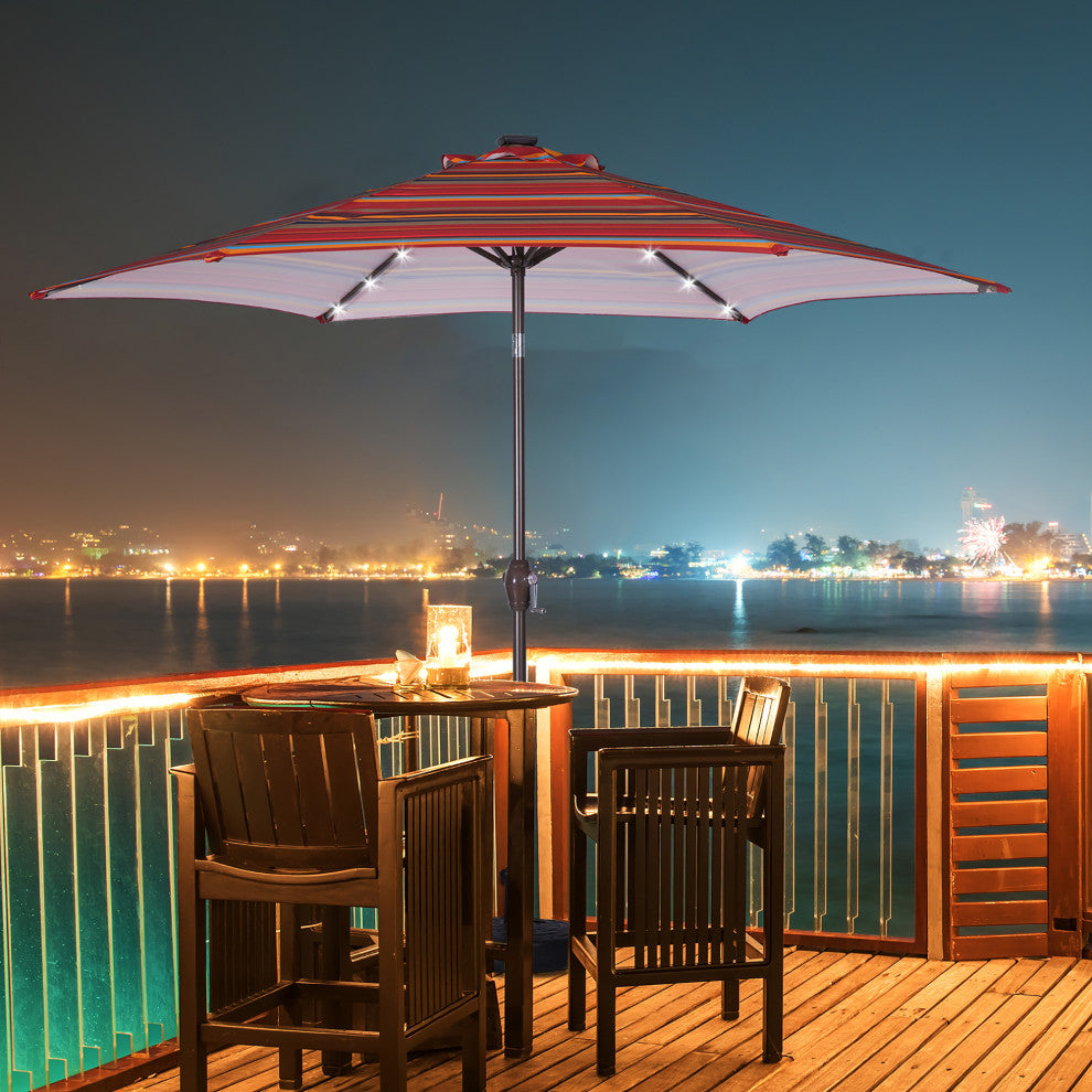 9' Outdoor Patio Steel Market Umbrella With 24 LED Lights, Red Striped