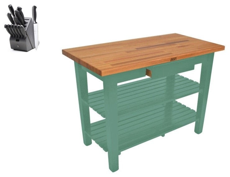 John Boos Oak Classic Country Table 48x30 and Henckels Knife Set, Basil, Two Shelves, No Drawer, No Casters