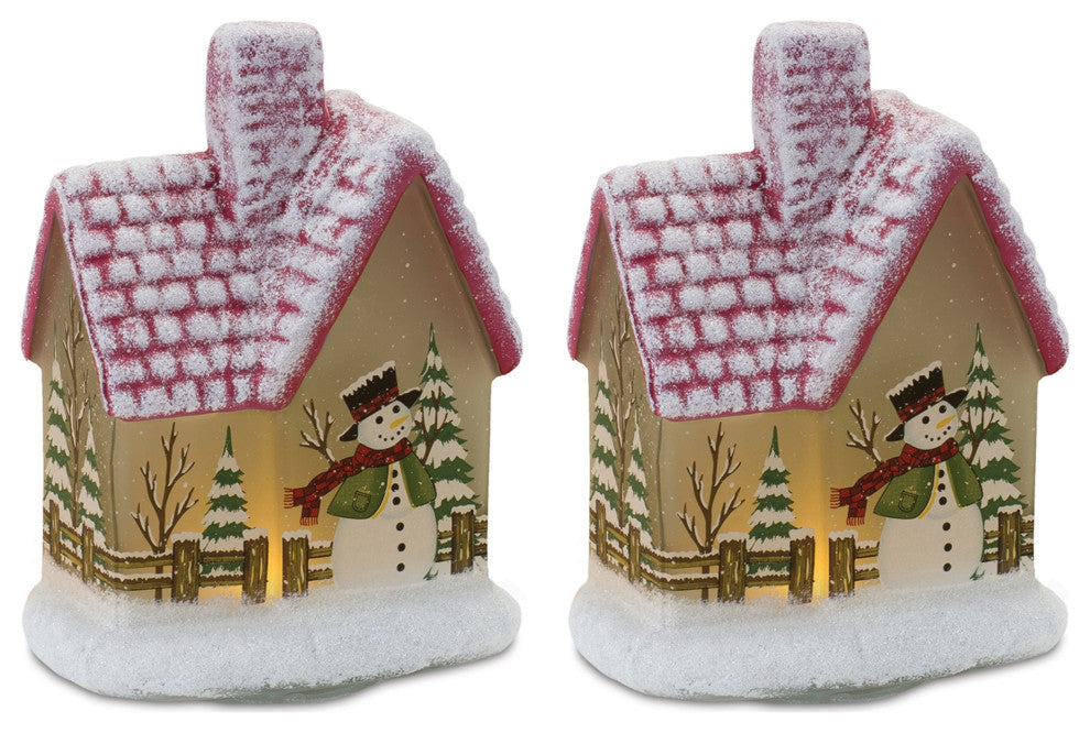 LED Lighted House With Snowman, Set of 2