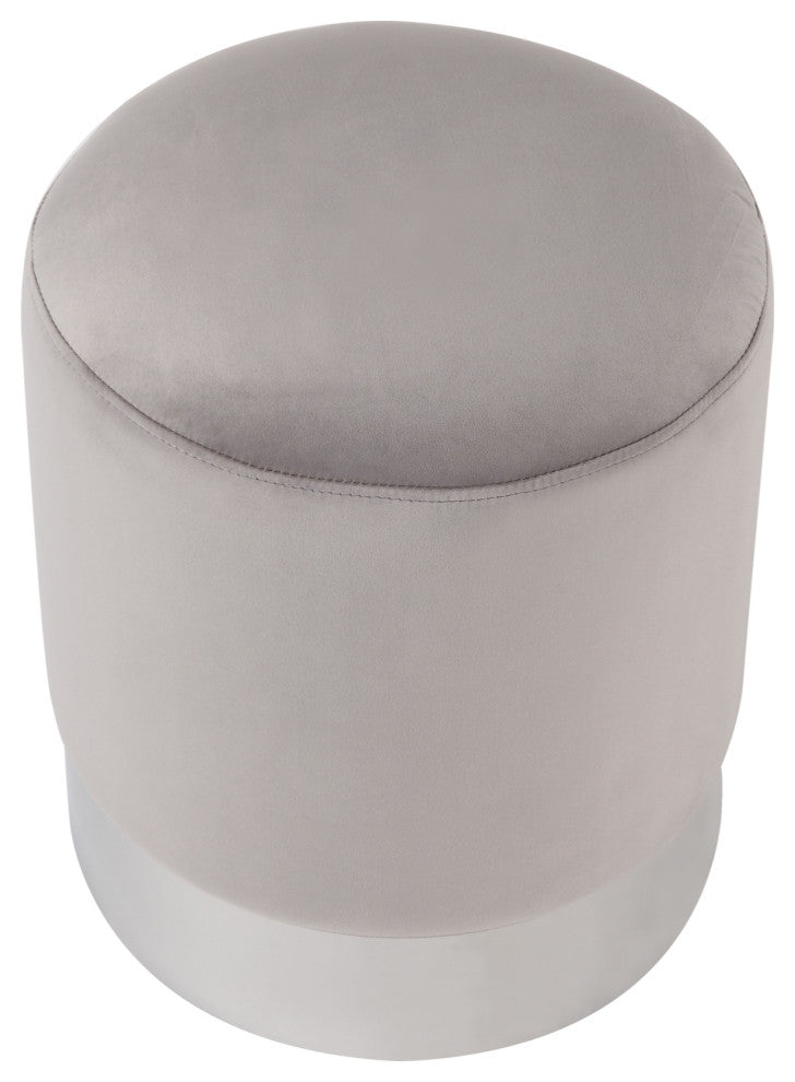 Madelyn Velvet Round Ottoman With Metal Base, Gray/Chrome