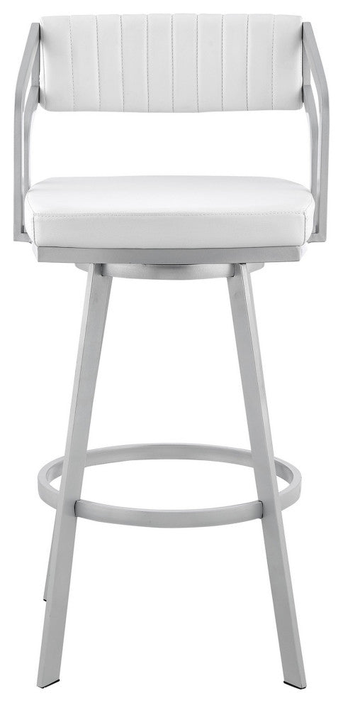 Benzara BM282093 Swivel Counter Stool, Open Back, Silver, White Faux Leather