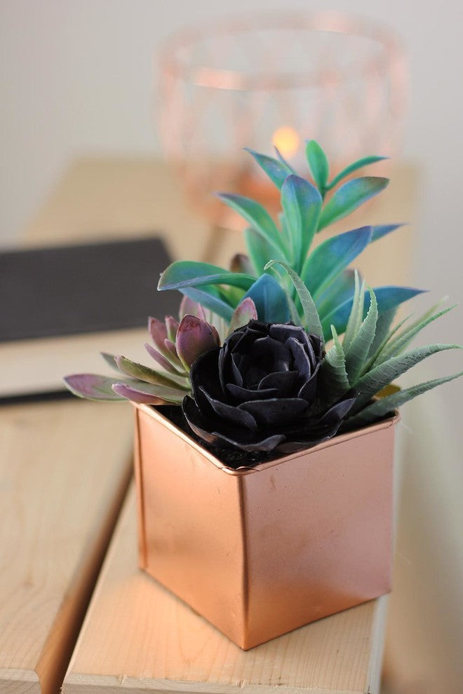 7" Artificial Mixed Succulent Arrangement in Decorative Copper Square Tin Pot