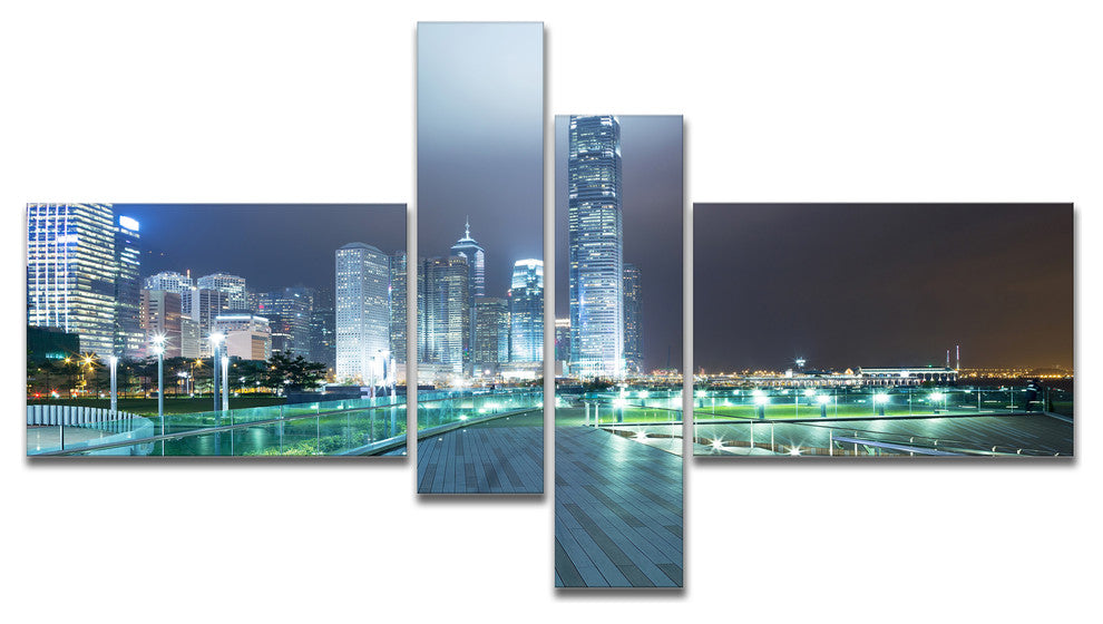 Night Pathway in Modern City, Cityscape Art Print on Canvas, 60"x32", 4 panels