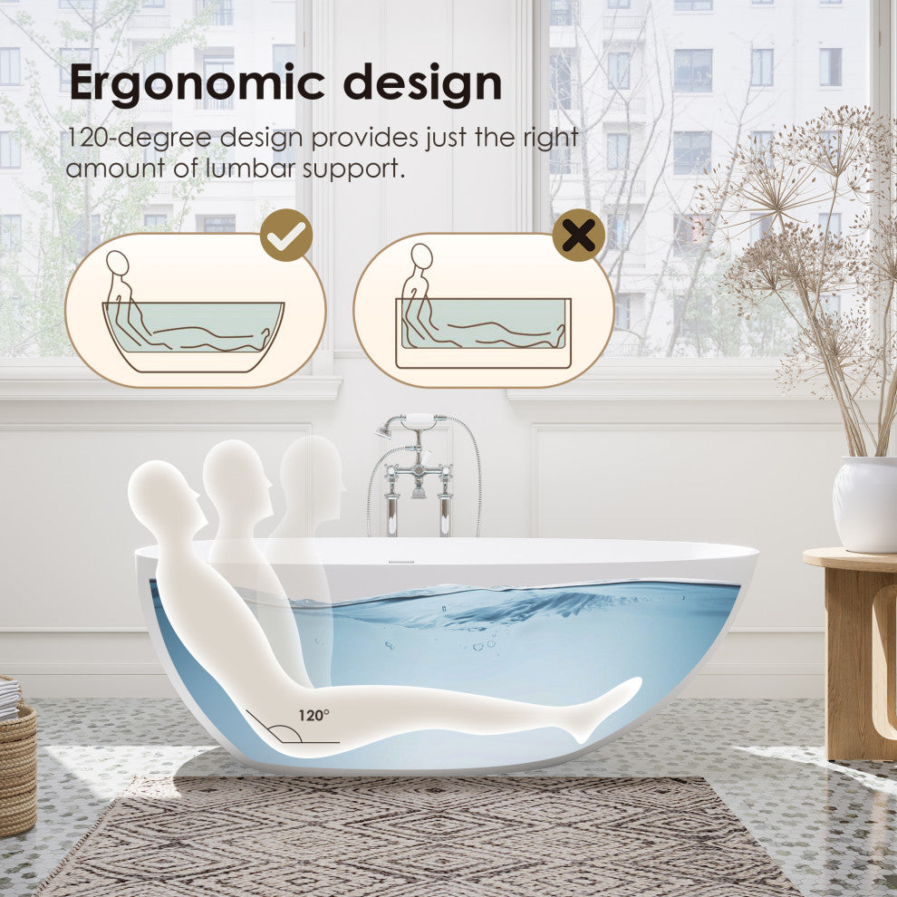 Giotto Flatbottom Freestanding Solid Surface Soaking Bathtub, Matte White, 67inch