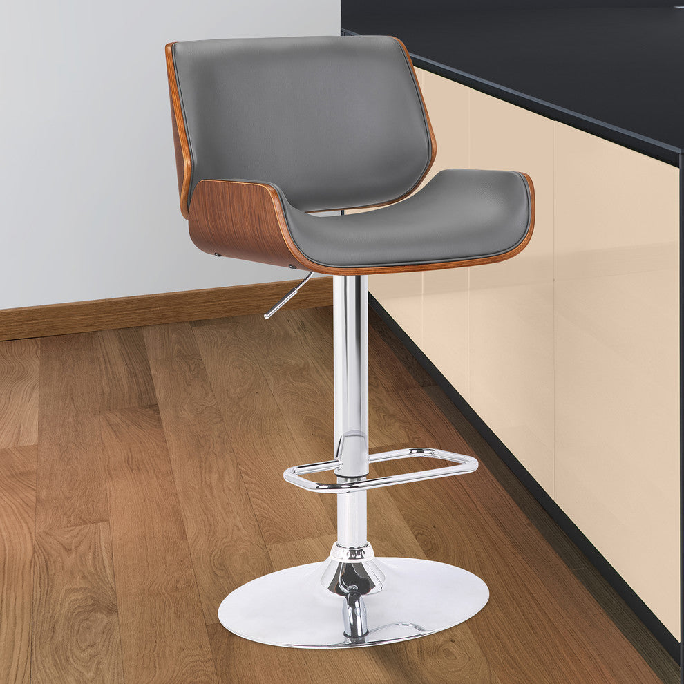 London Contemporary Swivel Bar Stool, Gray Faux Leather/Chrome Base/Walnut Wood