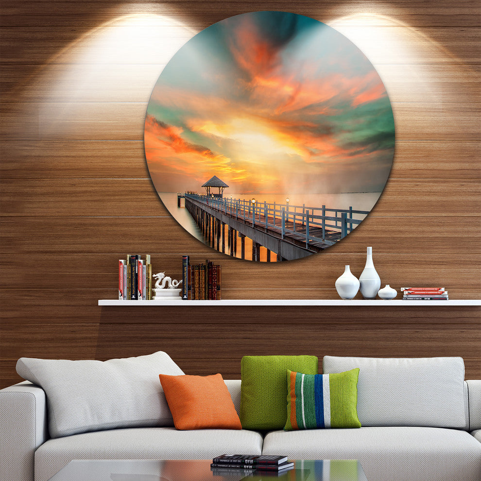Wooden Pier, Landscape Photo Round Wall Art, 11"