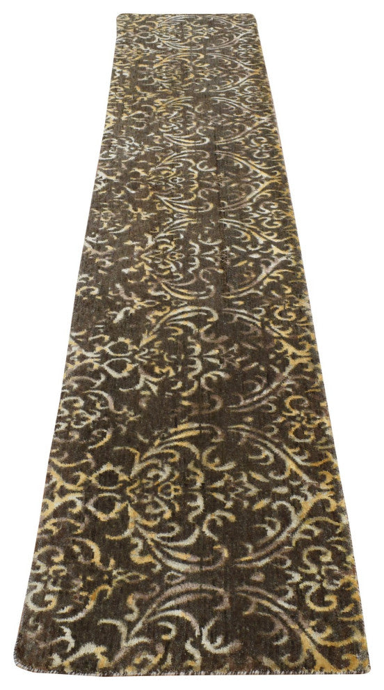 Brown Hand Knotted Damask Tone on Tone Wool and Silk Runner Rug 2'x9'10"