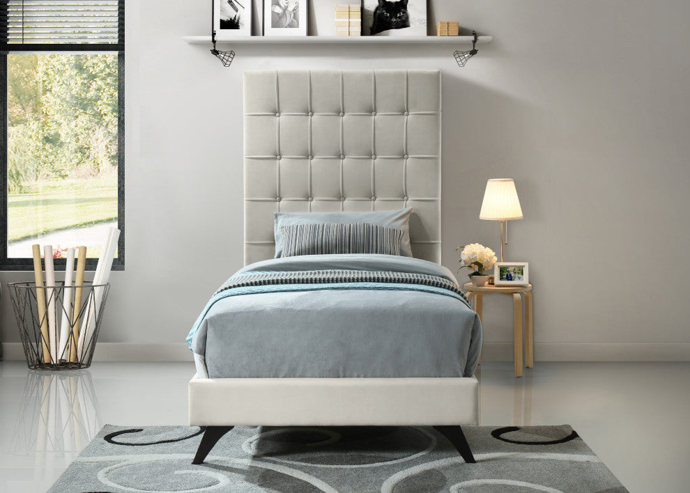 Elly Velvet Upholstered Bed, Cream, Twin