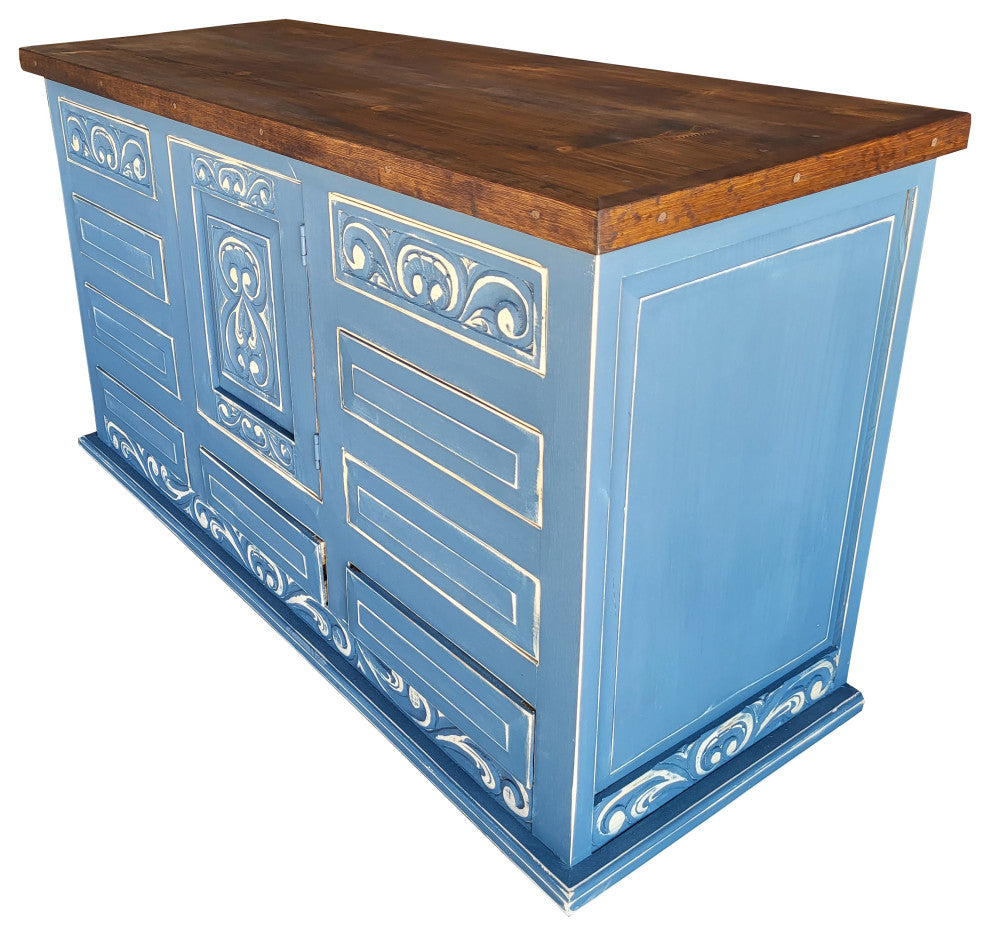 Shipwreck Rustic Carved Wood Bathroom Vanity, 60"x20"x32", With Top