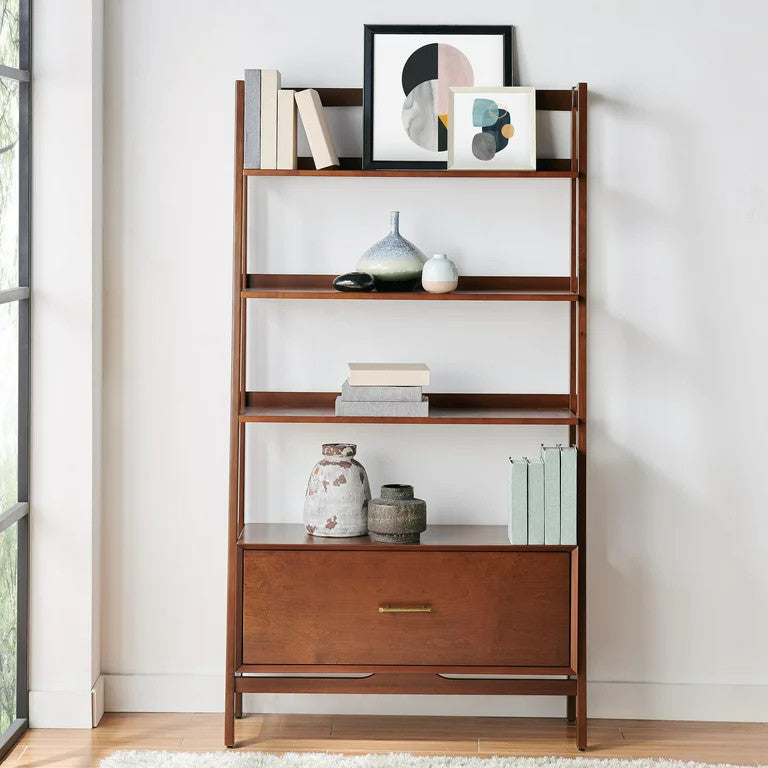 Mid Century Modern Bookcase, Open Compartments With Lower Cabinet, Mahogany