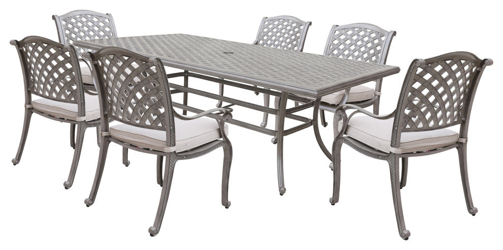 Carlsbad Cast Aluminum 7-Piece Rectangular Dining Set, Heritage Grey/Sand Dollar