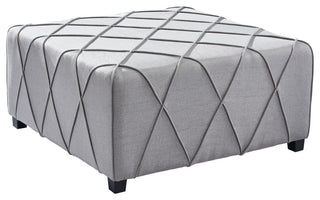 Gemini Contemporary Ottoman in Silver Linen with Piping Accents and Wood Legs