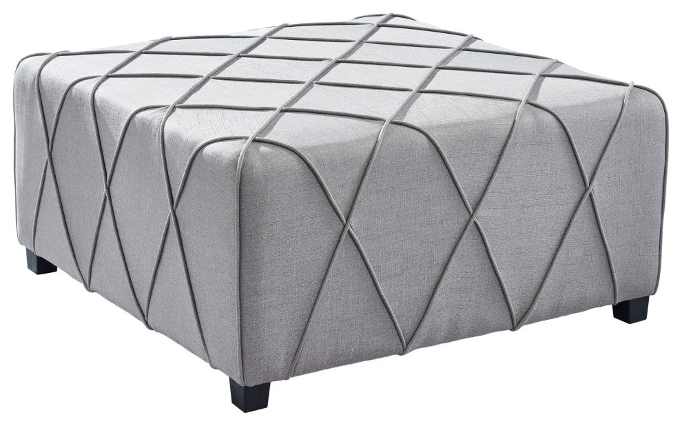 Gemini Contemporary Ottoman in Silver Linen with Piping Accents and Wood Legs