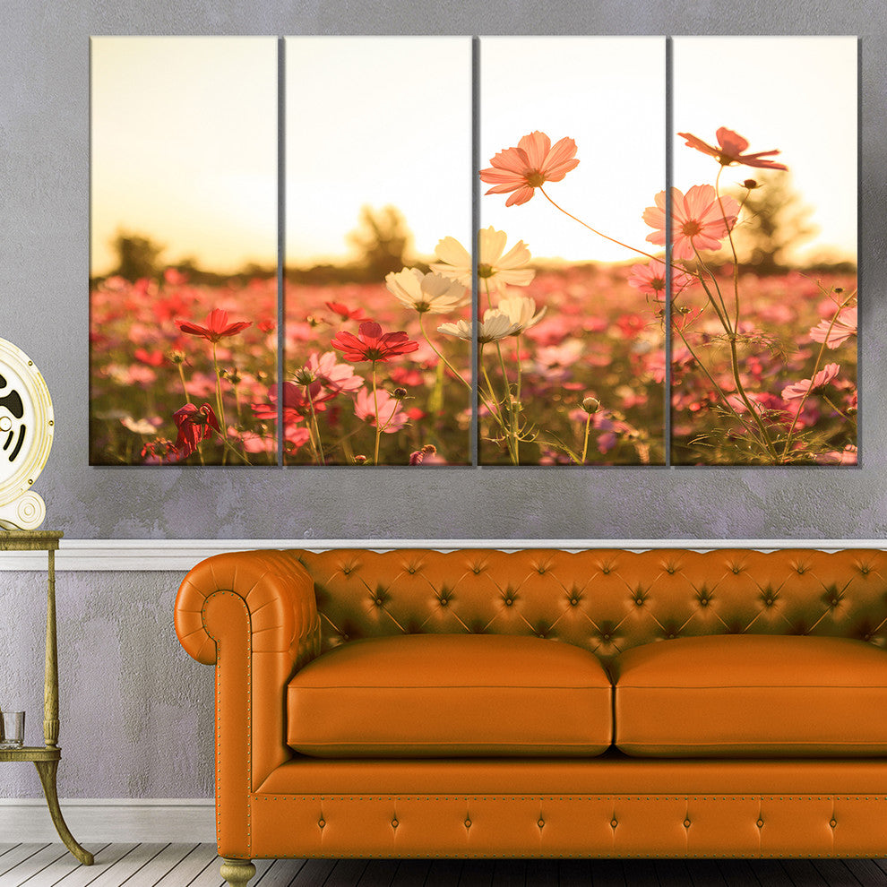 Cosmos Flowers on Sunset Background, Floral Canvas Art Print, 48"x28", 4 Panels