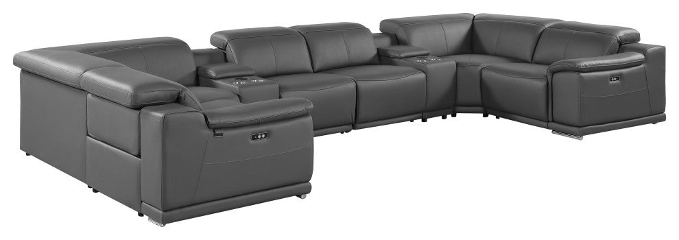 Federico 8-Piece Italian Leather U Sectional, 2 Power Recliners, Dark Gray