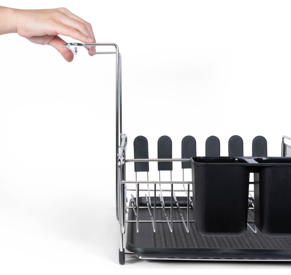 Compact 17.25" Stainless Steel Dish Rack With Wine Glass Holder, Steel/Black