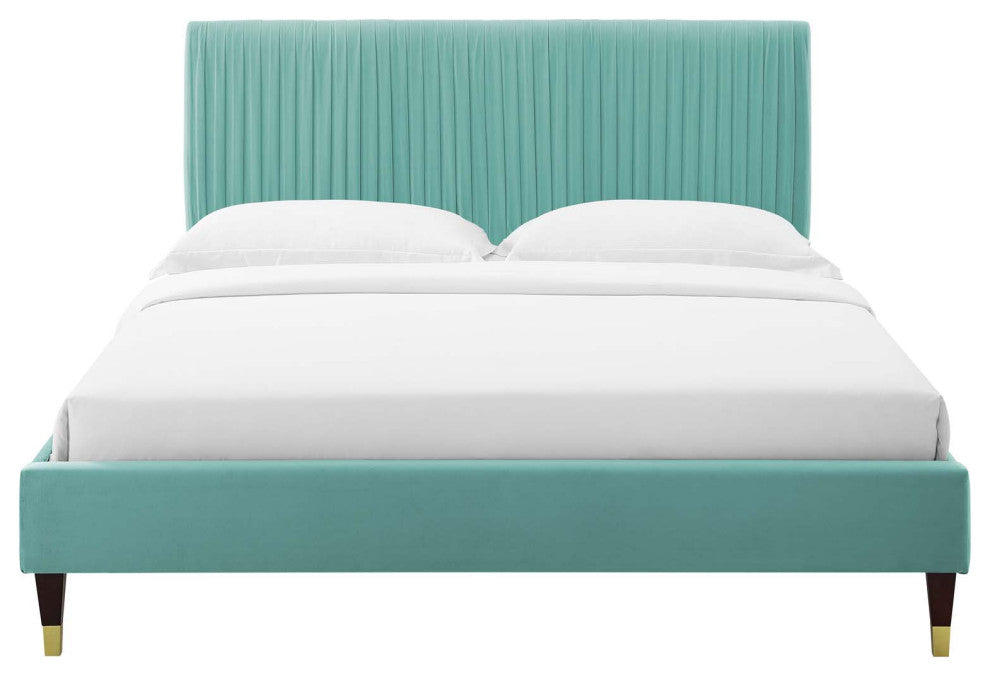 Platform Bed Frame, Twin Size, Velvet, Blue, Modern Contemporary, Bedroom Master