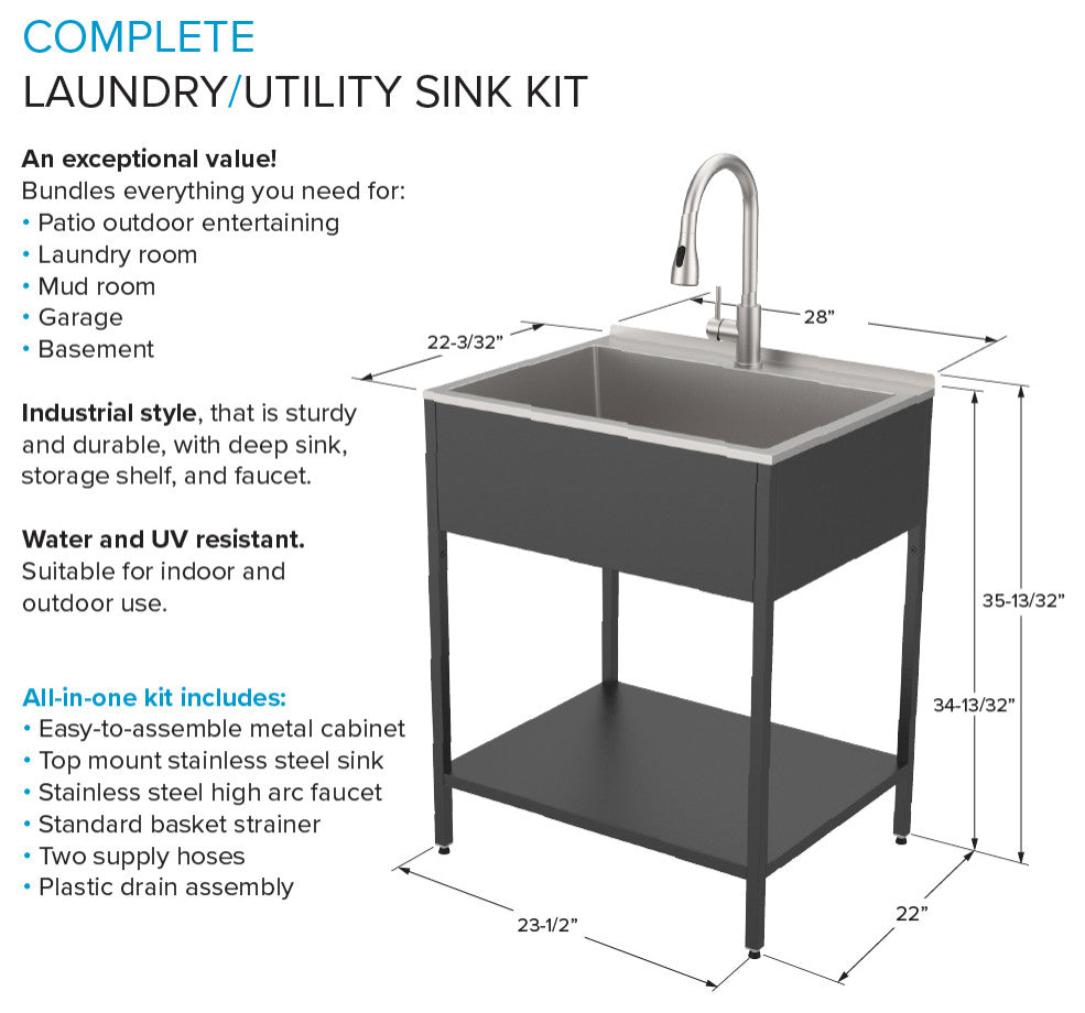 Transolid Steel Laundry Sink, Matte Black, 28x22
