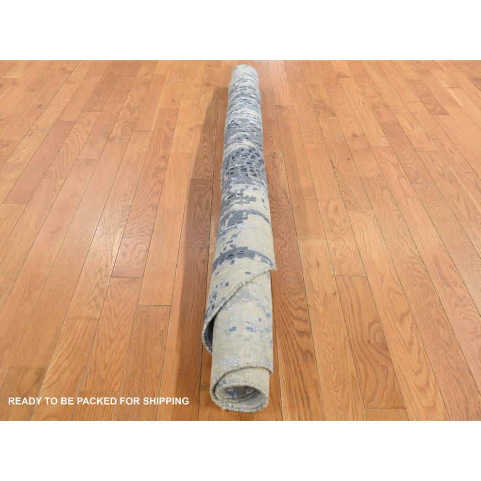Sky Blue Broken Mosaic Design Wool and Silk Hand Knotted Round Rug 6' x 6'