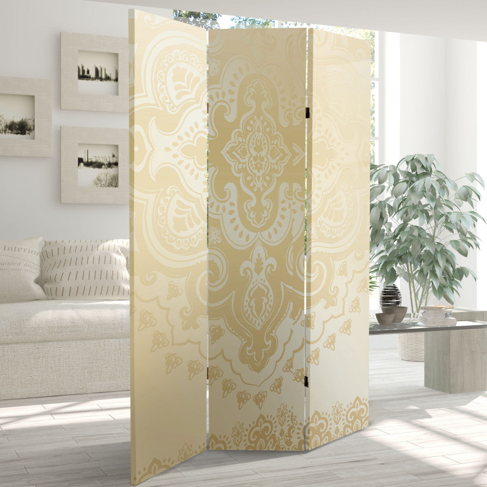 6'' Tall Double Sided Ivory Indian Pattern Canvas Room Divider