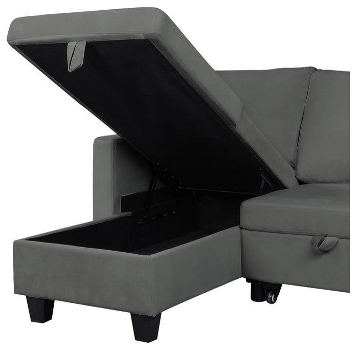 Nova Dark Gray Velvet Reversible Sleeper Sectional Sofa with Storage C