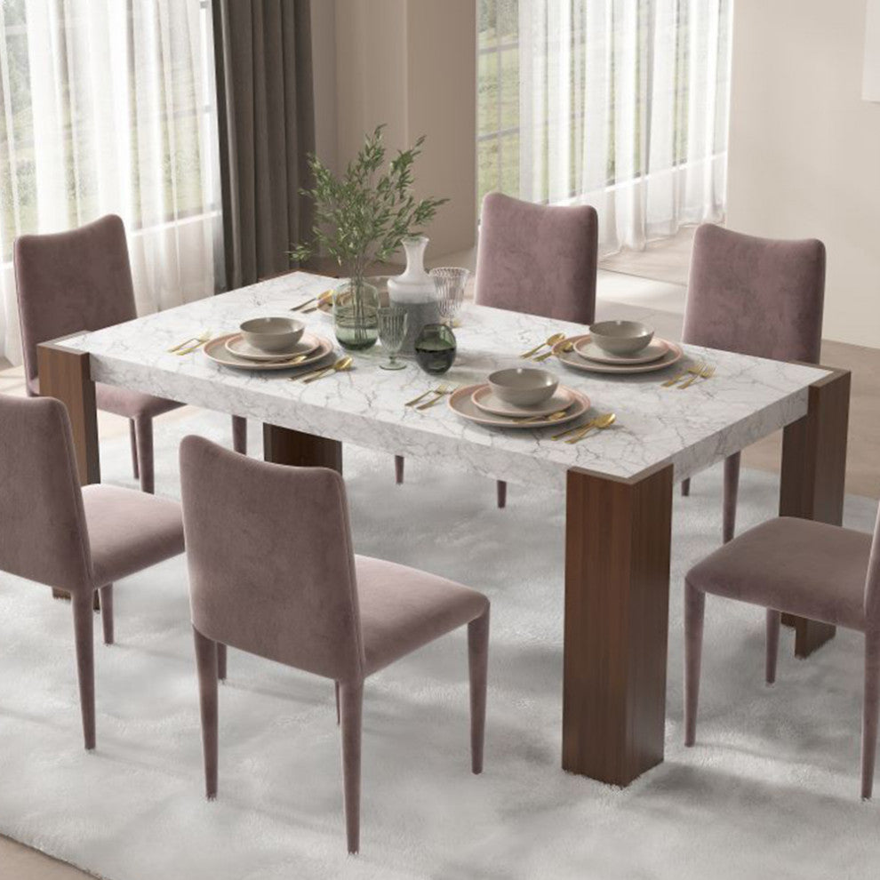Rectangular Dining Table With Engineering Stone Tabletop, Brown