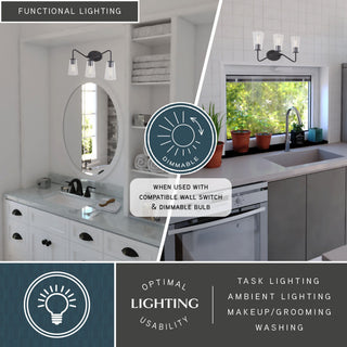 Beverly 3 Light Matte Black Bathroom Vanity Fixture Clear Glass, LED Compatible