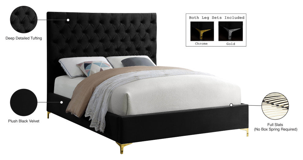 Cruz Velvet Upholstered Bed, Black, Full