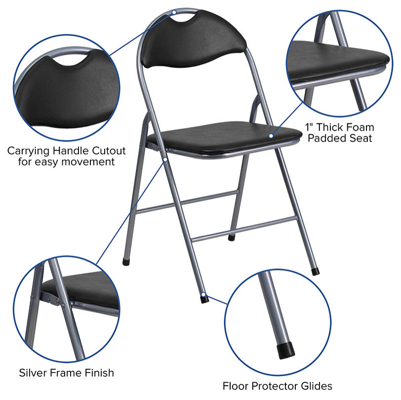 2 Pack HERCULES Series Black Vinyl Metal Folding Chair with Carrying Handle