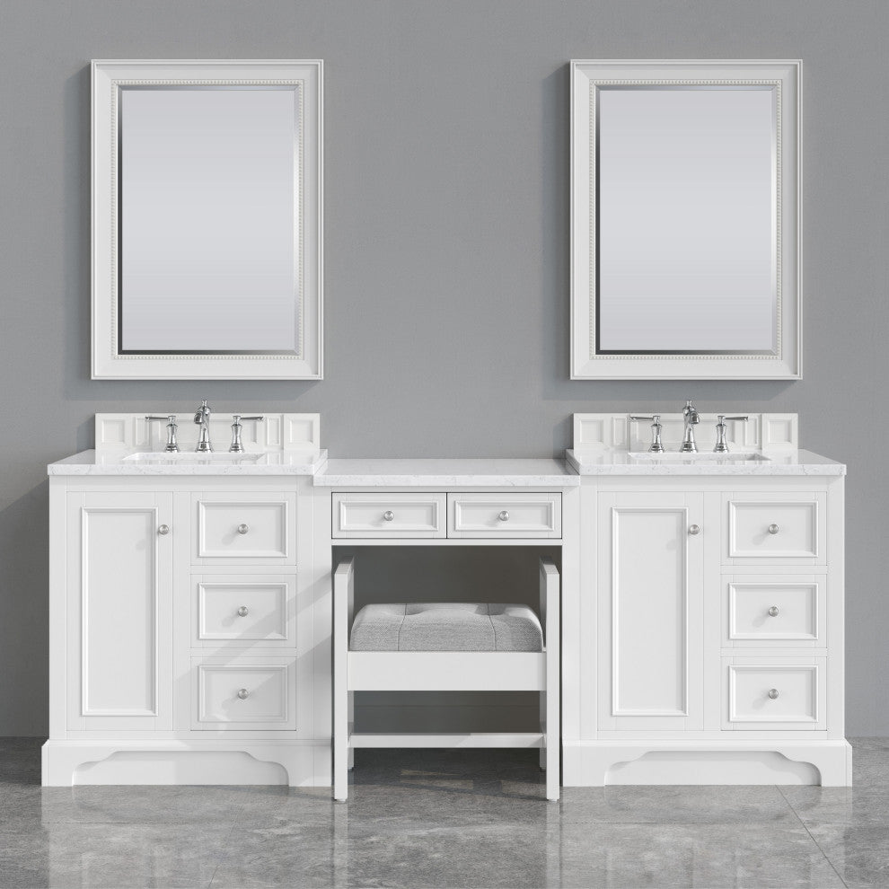 De Soto 90" Bright White Double Vanity Deluxe Set, 3cm Jasmine Pearl Top